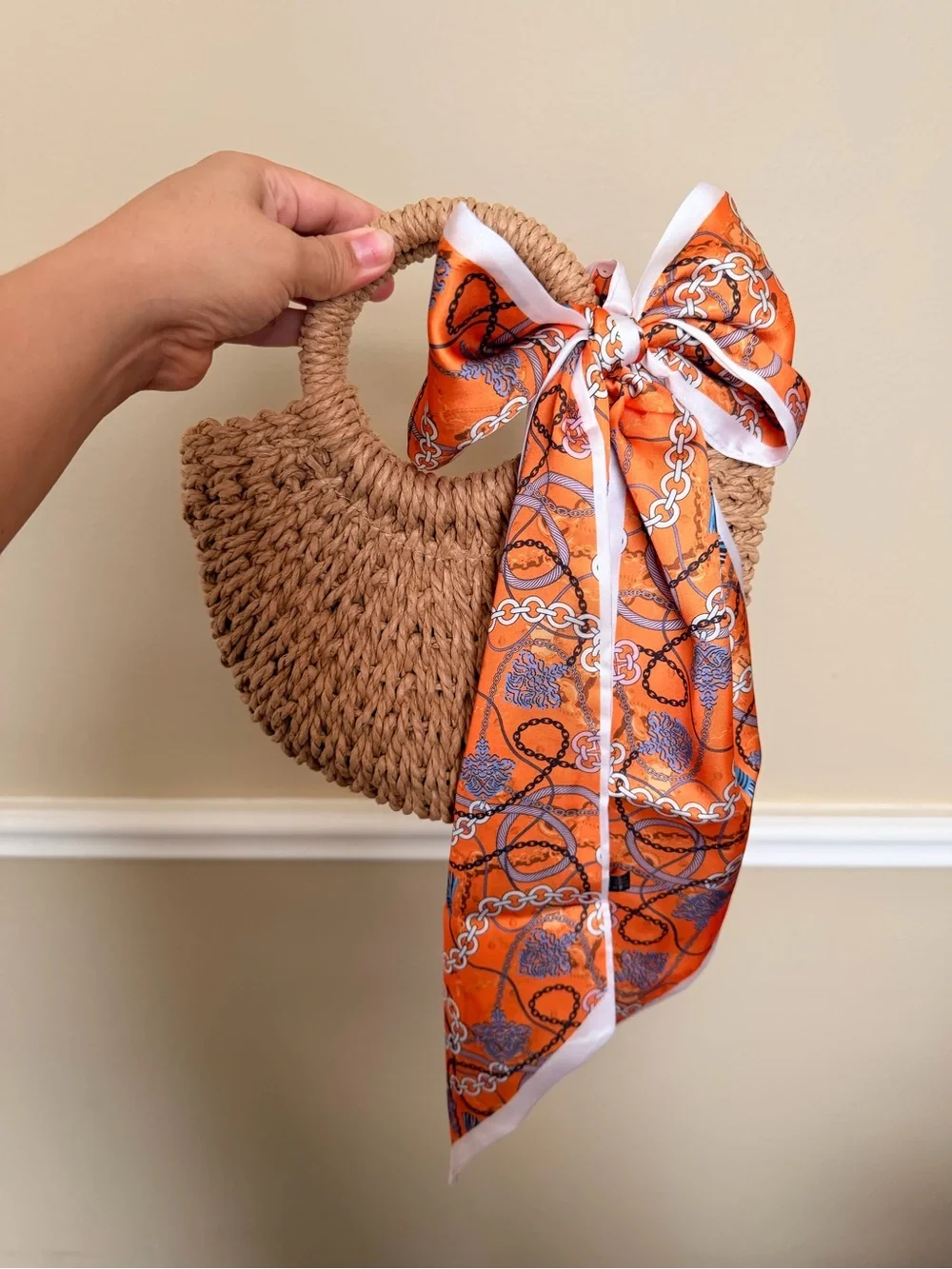 Woven Straw Handbag with 3 interchangeable scarfs